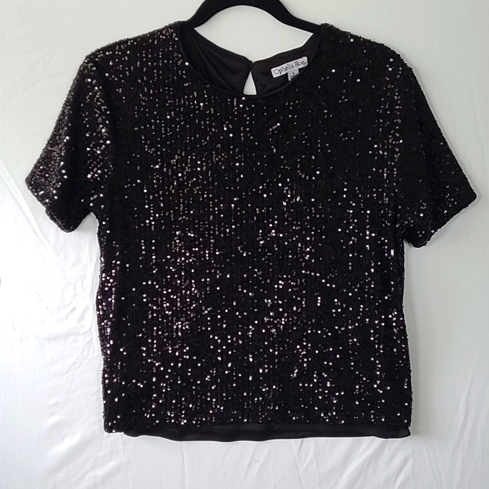 Ophelia Roe Black Sequin Short Sleeve Top Size S Party Holiday Sparkle